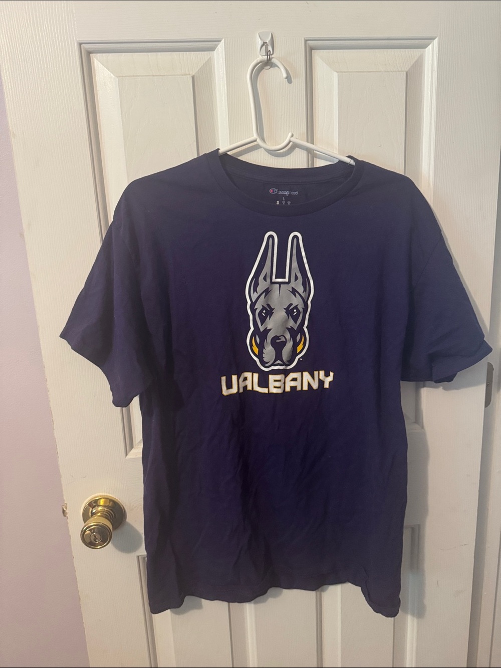 Champion Navy Blue UAlbany Doberman Graphic Dog Tee
